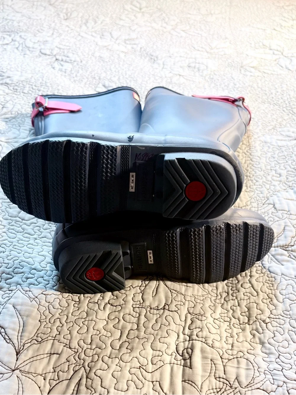 💥Hunter Original Tall Rain Boots Gray Pink Buckle Waterproof Wellies Sz 5❤️